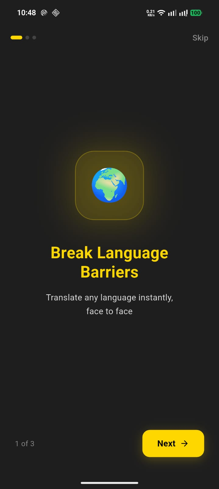 SAWSAWA AI onboarding screen — break language barriers
